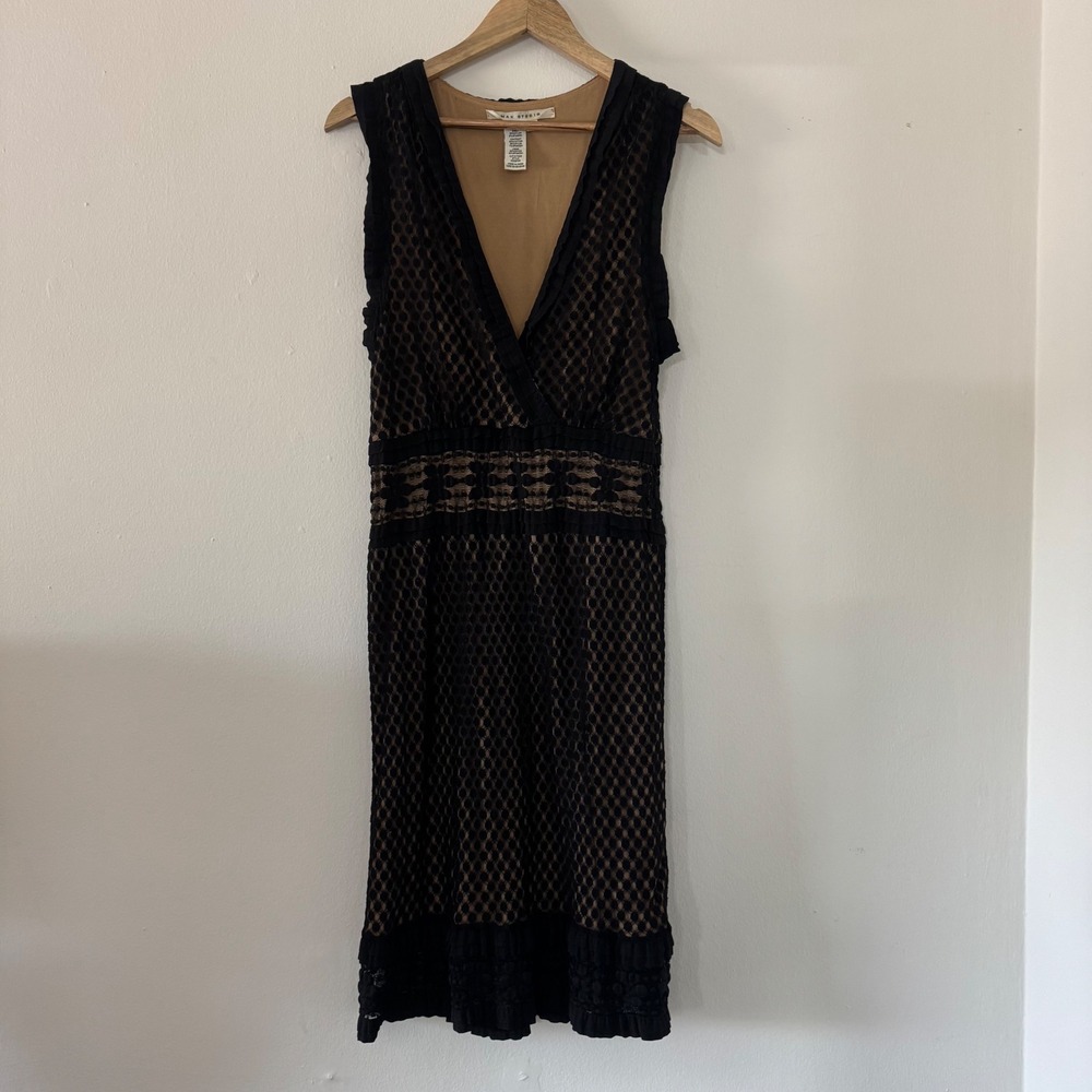 Max Studio Black Lace V-Neck Sleeveless Midi Dress Tan Lining XL AD09F66